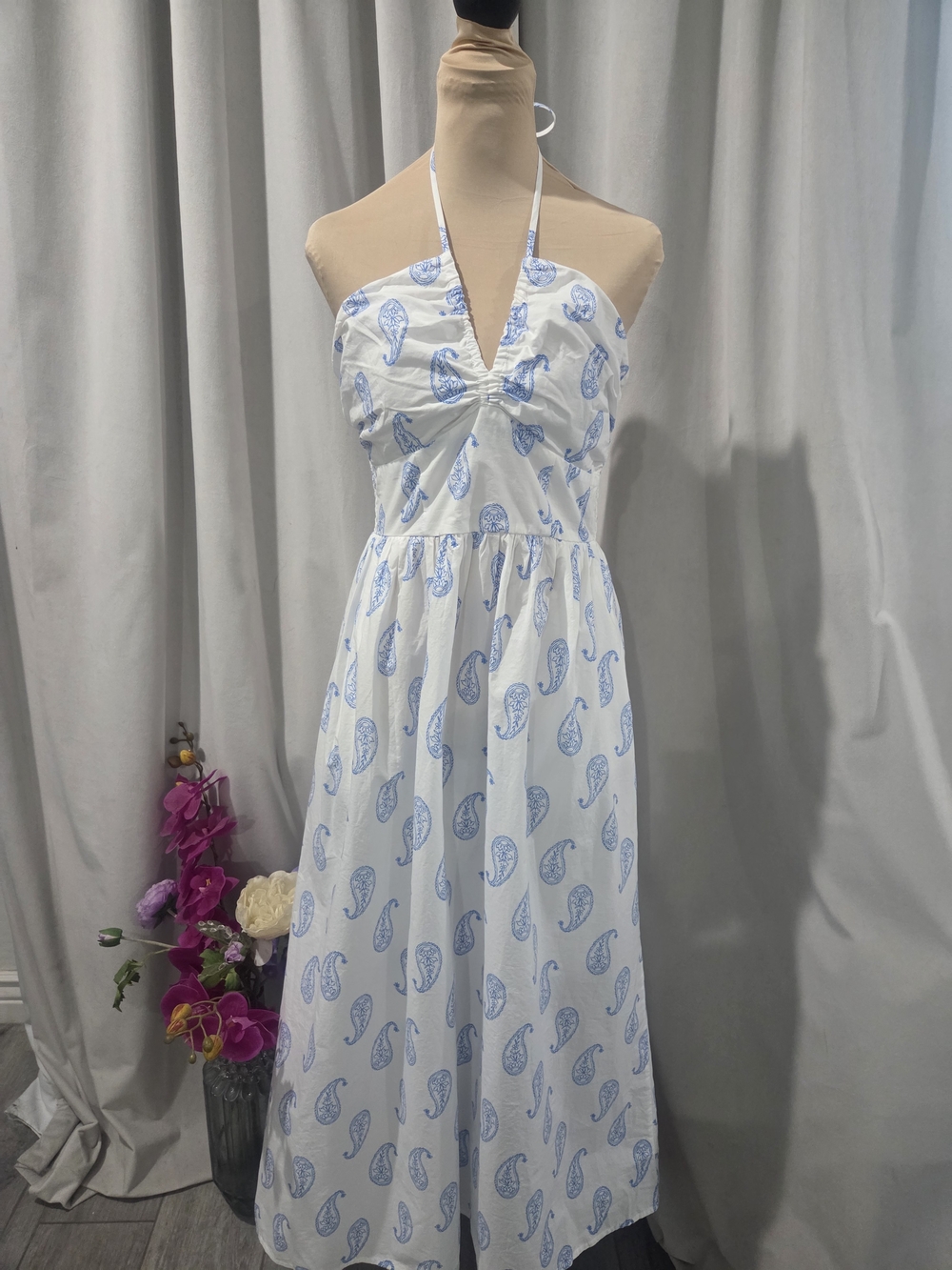 Universal Thread White Halter Maxi Dress with Light Blue Paisley